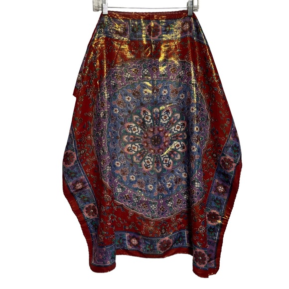 Metallic Asian print scarf 75% rayon rolled hem 3.5X34.5 NEW OR LIKE NEW - Picture 4 of 14